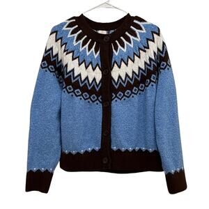 Joie Nordic Fair Isle Blue Wool Blend Button Front Cardigan Sweater Large